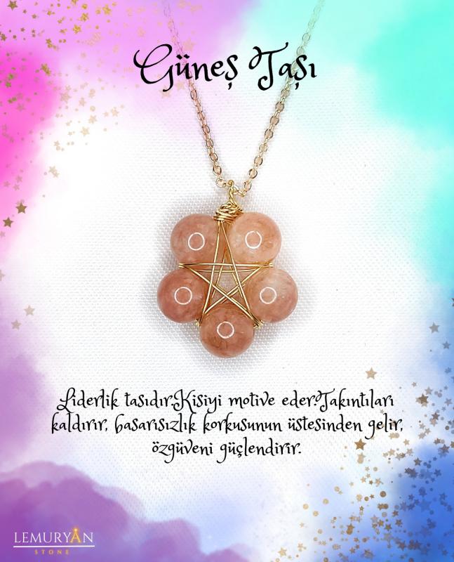 Güneş Taşı Gold Pentagram Kolye