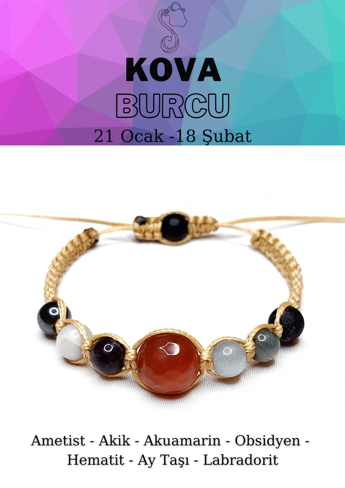 Kova Burcu Bohem Ayarlanabilir Unisex Bileklik