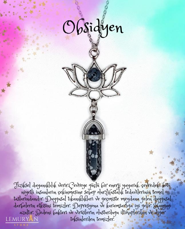 Obsidyen Lotus Pandül Kolye