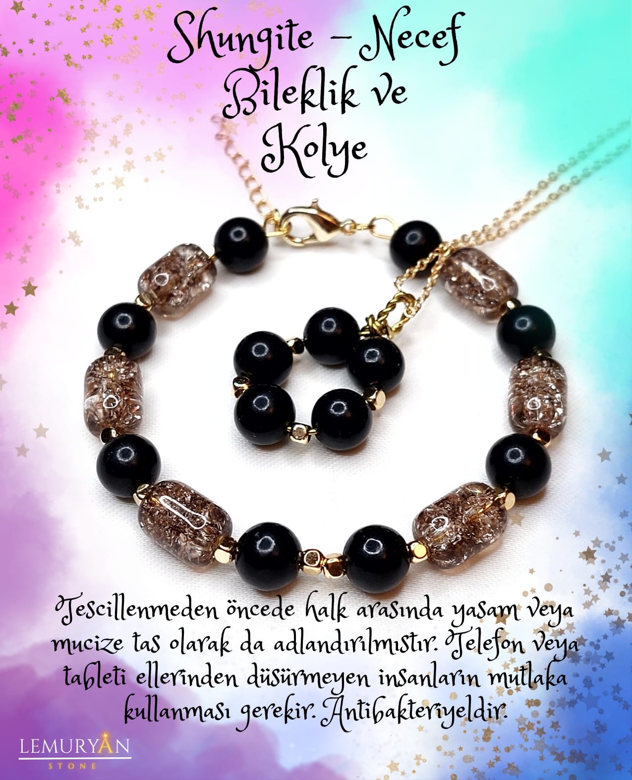 Şungit (Shungite) & Necef Kolye - Bileklik Set